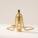 Gold pendant necklace on a light beige background