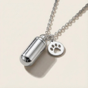 Silver necklace with a cylindrical pendant and paw print charm on a beige background