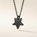 Black star-shaped pendant on a chain against a beige background