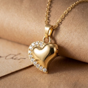 Gold heart-shaped necklace with diamonds on a beige fabric background