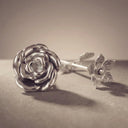 Silver rose-shaped object on a neutral background