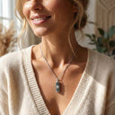 Woman wearing a beige sweater and silver necklace with a pendant, smiling.