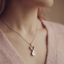 Silver necklace with a heart-shaped pendant worn by a person in a pink sweater.