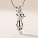 Silver cat-shaped pendant on a chain against a beige background